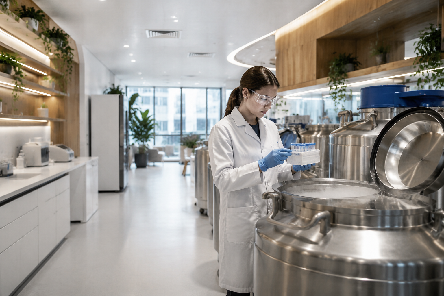 A scientist checking cell samples at cryogenic cell-banking tanks in the CuraCell lab