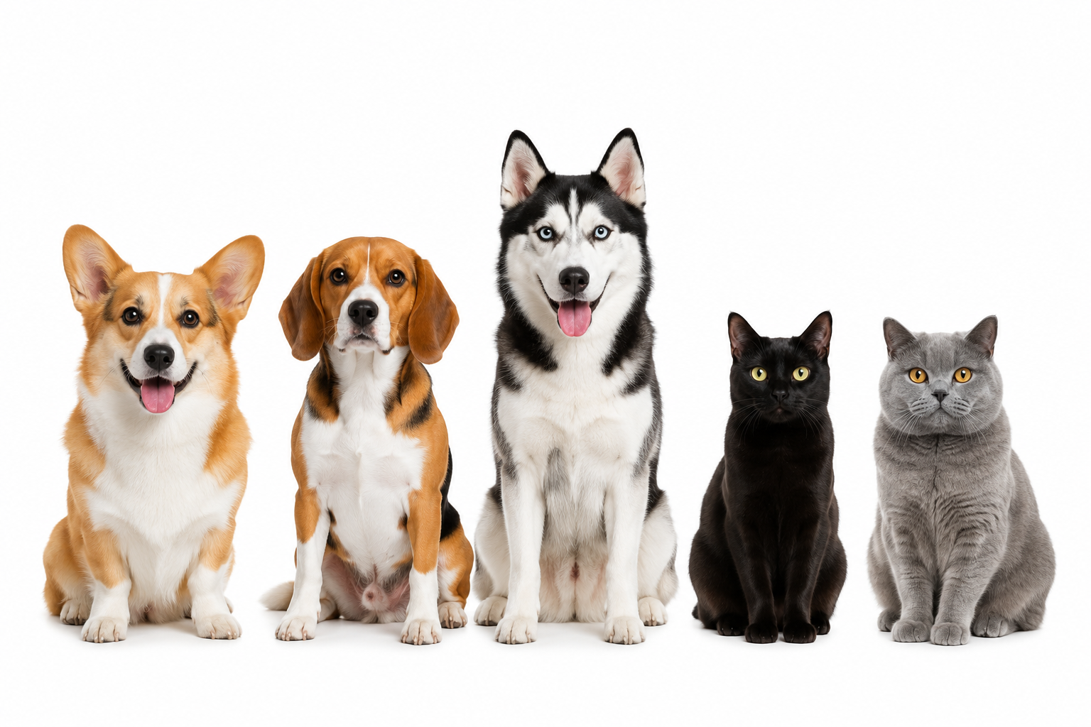 Five healthy pets — a corgi, beagle, husky, black cat and grey cat