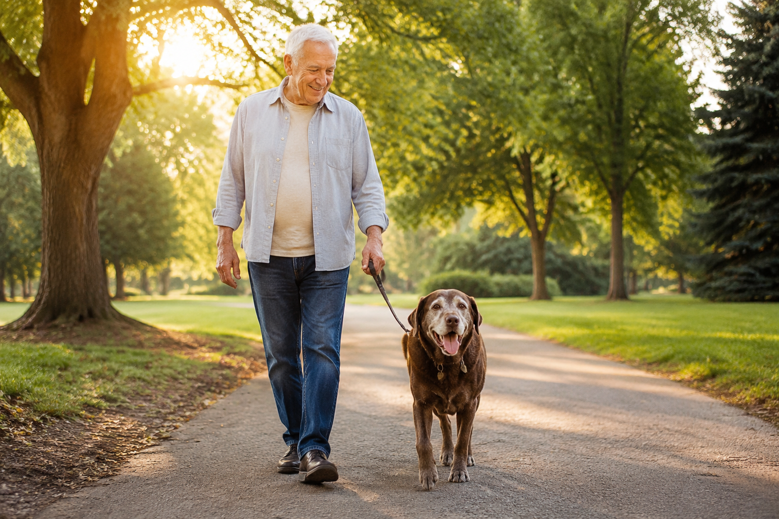 An elderly owner walking a senior dog living with a chronic condition