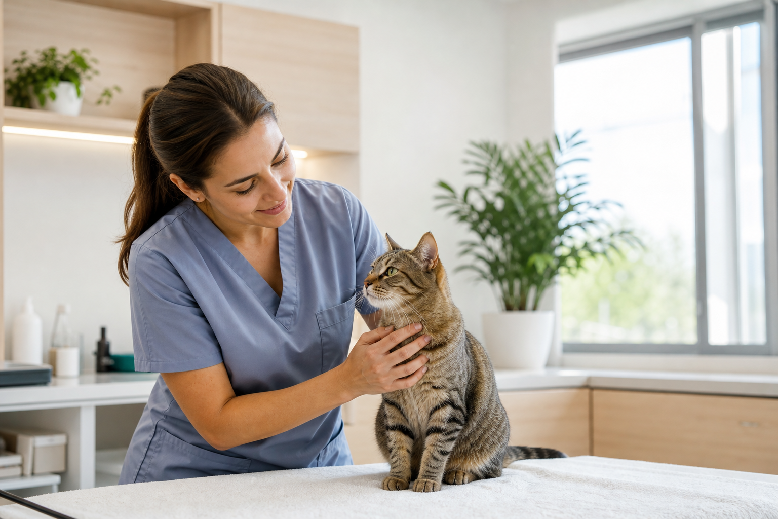 A gentle veterinarian examining a calm cat