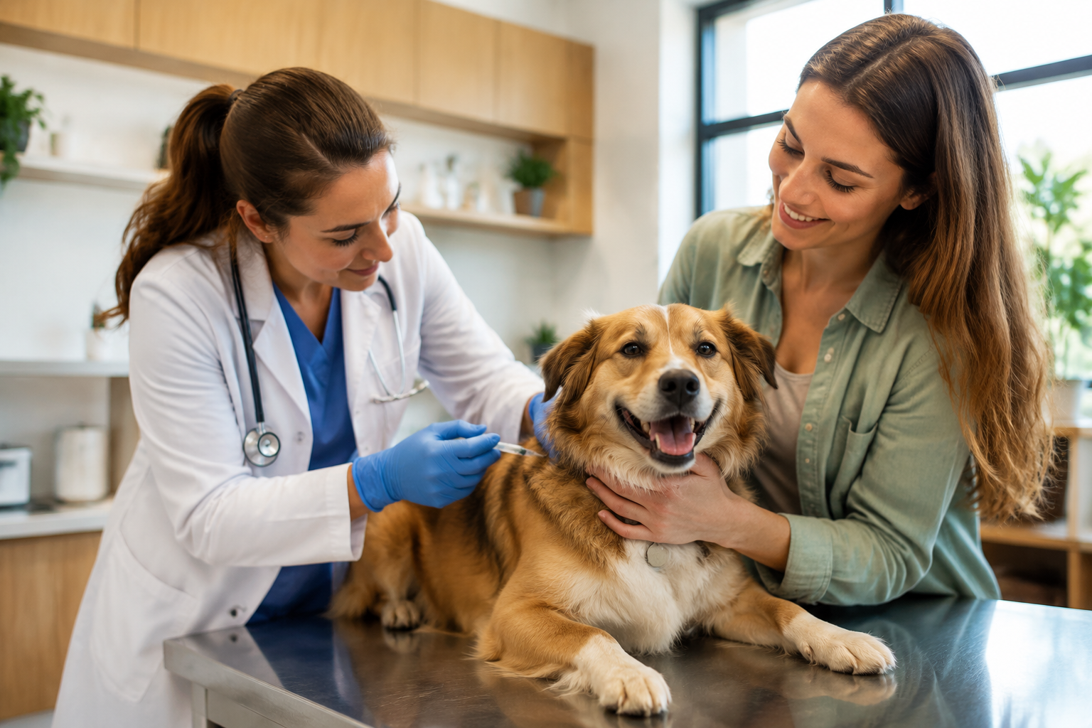 A vet treating a dog while the owner reassures it